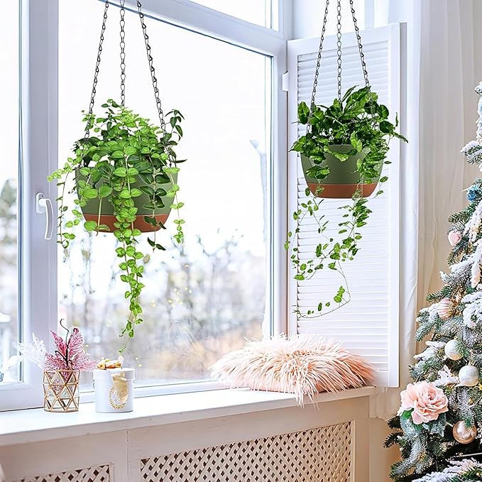 Hanging Planters for Indoor Plants, Set of 2 8/10 Inch Self-Watering Hanging Pots with Drainage Hole & Removable Water-Storage Tray II Screw-in Hooks II