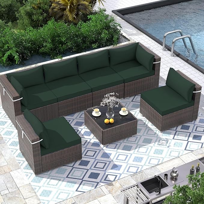 Outdoor Sectional Cushions Replacement Set, 26x26in Patio Furniture Cushions, 14 Pieces Waterproof Outdoor Couch Cushion for 6 Seat Wicker Conversation (Dark Green)