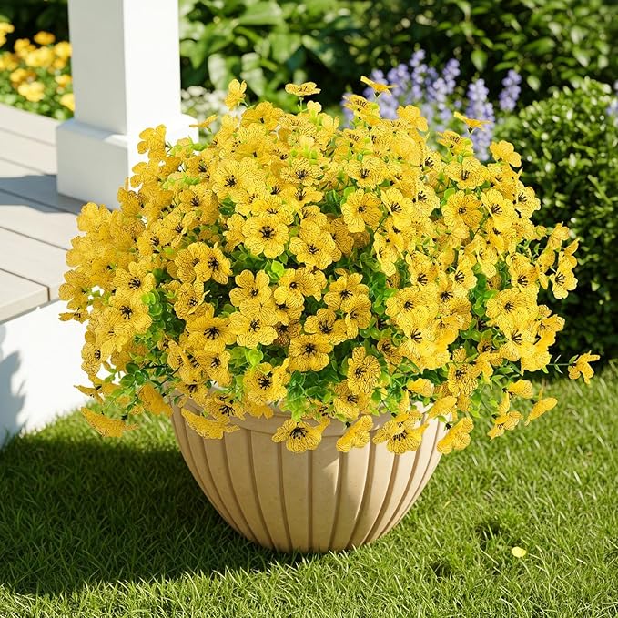 Artificial Flowers Outdoor Faux Plants UV Resistant Fake Patio Flowers Plastic Greenery Plnats Outside Bulk for Spring Garden Hanging Planter Home Vase Decor, 24 Bundles (Yellow)