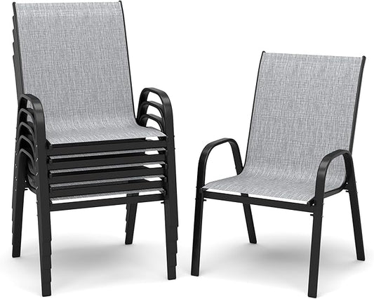 PIZZELLO Patio Chairs Set of 6 - Outdoor Stackable Dining Chairs for All Weather - Breathable Textilene Outdoor Chair Sets with Curved Armrests - 300Lbs Capacity - for Lawn Backyard Garden (Grey)