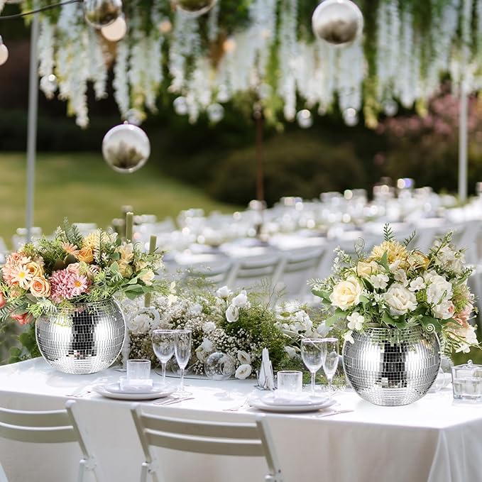 Inbagi 6 Pcs Disco Ball Planter Disco Ball Vase Centerpieces Mirror Glass Flower Vase Decor Candle Holder Bulk for Wedding Birthday Party Bedroom Kitchen Office(5.5 x 7 Inch,Silver)