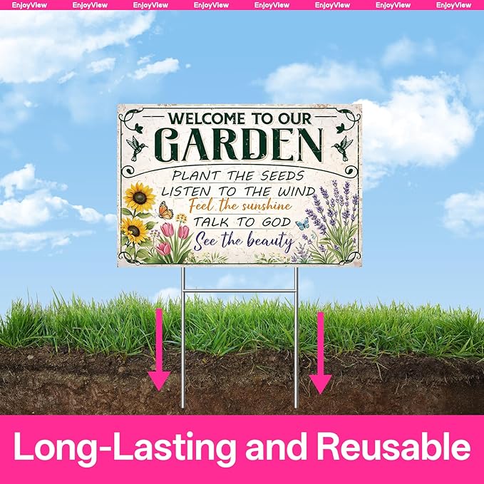 Funny Garden Sign with H Stake 18"x12" Big Vintage Sign for Outside Greenhouse Corrugated Plastic Yard Decor Gardening Gifts for Women " WELCOME TO OUR GARDEN"