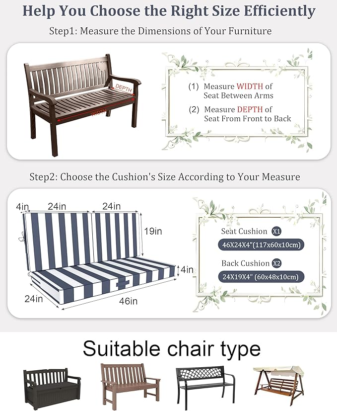 46 x 24 Outdoor Loveseat Cushion Set, 3 Piece Seat Cushions for Patio Furniture,Fade Resistant,Water Repellent, Outdoor Cushion Set for Wicker Couch,Bench,Swing,Blue White Striped