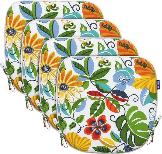 SleepMan Outdoor 17"x16" Chair Cushions with Ties Set of 4, Water Resistant All Weather U-Shape Seat Pads for Patio Garden Furniture Indoor Fade Resistant Patio Cushions (Flower World)