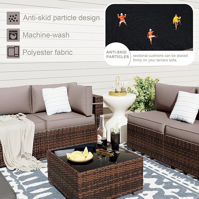 Patio Sectional Cushions, 14-Piece Replacement Cushions for Outdoor Furniture, Water-Resistant Outdoor Sofa Cushion for 6-Seat Rattan Wicker Sectional Conversation Sets (Khaki)