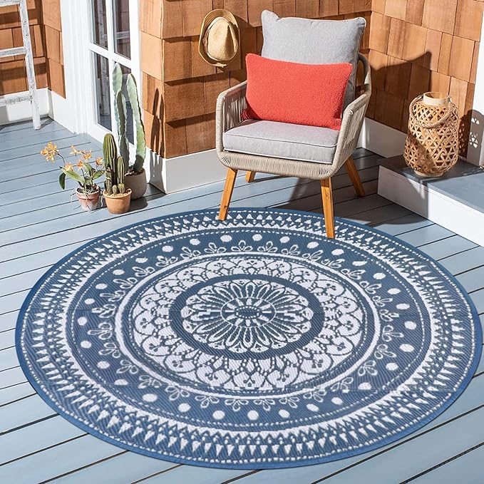 Cekene Round Outdoor Rugs for Patio 5Ft Waterproof Reversible Outdoor Patio Rugs Blue Lightweight Plastic Straw Rugs Portable RV Camping Mat Floor Carpet for Deck Porch Picnic