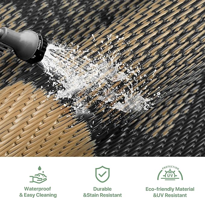 GENIMO Outdoor Rug Waterproof for Patio Decor, 10' Round Reversible Plastic Straw Floral Camping Carpet, Large Area Rugs Mats for RV, Camper, Deck, Balcony, Porch, Beach, Picnic, Black & Brown