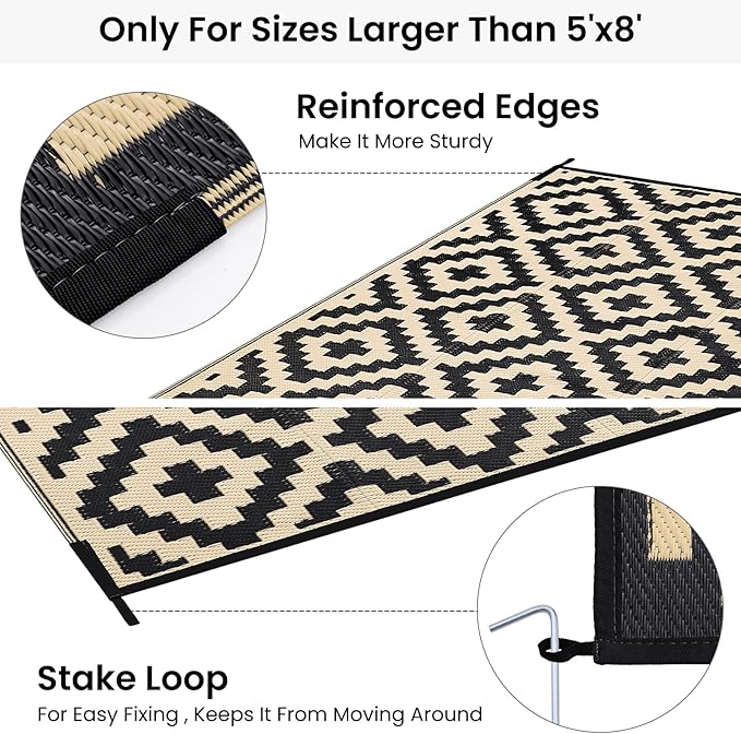 Smiry Waterproof Outdoor Rug 10X14 ft, Reversible Plastic Straw Patio Camping Rugs, Outdoor Indoor RV Mat Carpet for Patio, Outside Entry, Backyard, Deck, Bench, Picnic, Camper, Black & Beige
