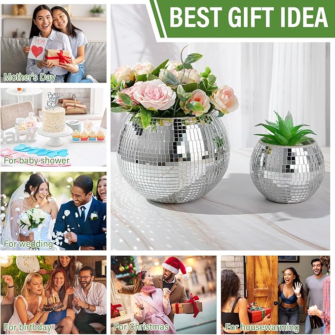 6 Pieces Disco Ball Flower Vase Mirror Disco Ball Glass Planter Candle Holder Glass Vase Bulk for Wedding Centerpieces Bedroom Kitchen Office Decoration Birthday (Silver, 5 x 6 Inch)