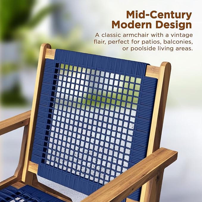 Balkene Home 63634 Vega Natural Stain Outdoor Chair Acacia Wood Construction Woven Web Seat Mid Century Design Comfortable Reclining Armchair Patio Lawn Garden Backyard Deck - Navy Blue Cording