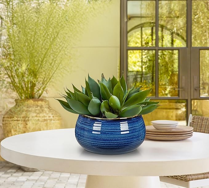Hollyone Blue Ceramic Planters 6.4 Inch Modern Glaze Pots for Succulent Plants Round Flower Plant Garden Pots Modern Planters Flowers Pots for Indoor Outdoor Snake Plants
