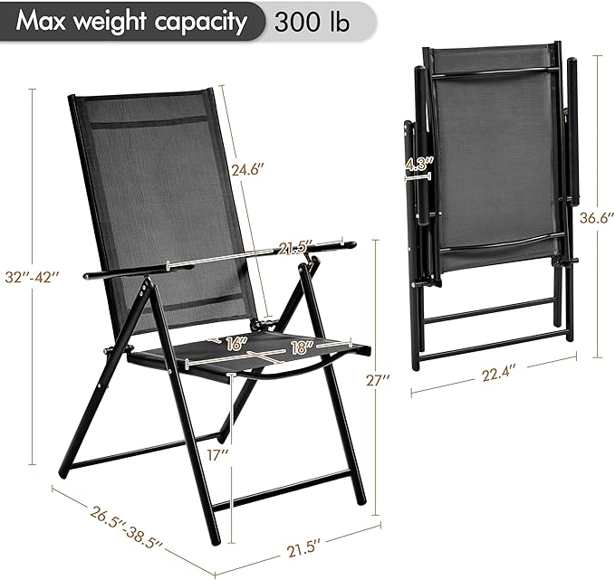 Yaheetech Patio Folding Dining Chairs Set of 2, Stackable Outdoor Lawn Chairs with 8 Adjustable Back Positions and Armrest for Garden, Lawn, Yard and Beach, Black