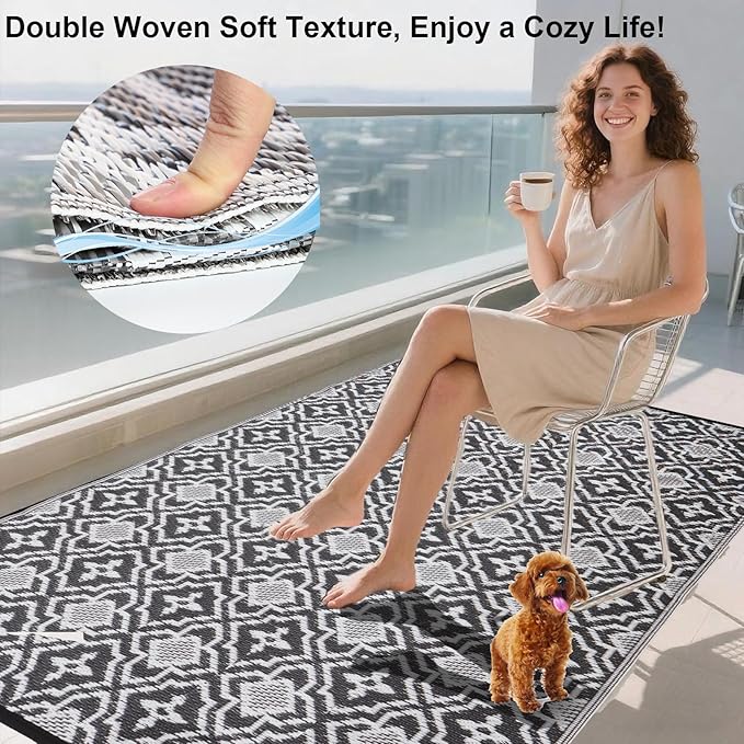 Outdoor Rug Waterproof 4x6 Porch Rug,Outdoor Mat 4x6 Small Balcony Mat,Reversible Plastic Straw Rug, Outdoor Rug for Camping Black and White Outdoor Rugs for Patio, Deck, RV, Camping, Beach, Backyard