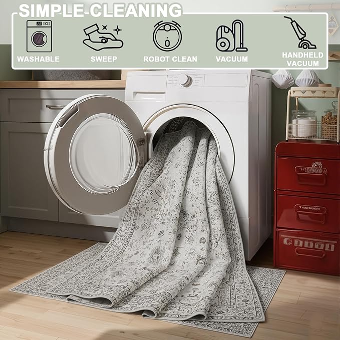 Grey White Area Rugs 10x14 Living Room, Non Slip Machine Washable Floral Rugs, Low Pile Lightweight Large Rug for Bedroom, Dining Room, Home Office(10 x 14, Grey White)