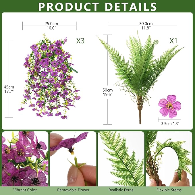 Artificial Fake Hanging Flowers for Outdoors, Silk Daisy with Articial Boston Ferns Plants Set, Realistic Spring Fake Outdoor Flowers UV Resistant Porch Patio Yard Decor