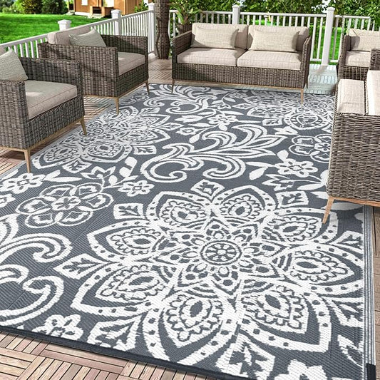 Findosom Waterproof Outdoor Rug 9' x 12' - Reversible Mandala Outdoor Plastic Straw Rug, Durable Foldable Patio Rug for RV, Deck, Balcony, Backyard, Picnic, Porch, Camping, Beach, Gray