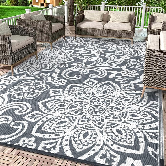 Findosom Waterproof Outdoor Rug 6' x 9' - Reversible Mandala Outdoor Plastic Straw Rug, Durable Foldable Patio Rug for RV, Deck, Balcony, Backyard, Picnic, Porch, Camping, Beach, Gray