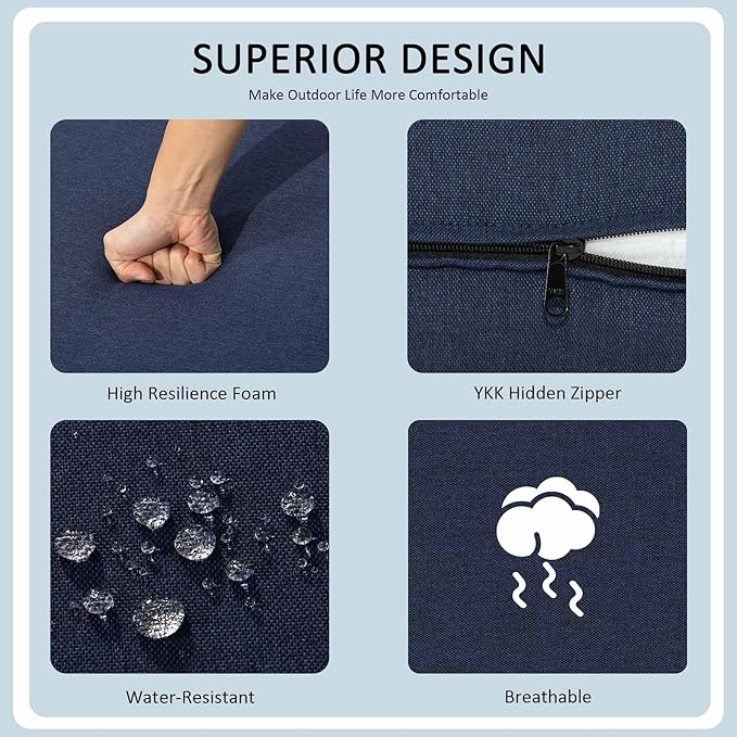 21.5x25.5 Inch Outdoor Deep Seat Cushions Set of 2,Thick High-Density Foam, Water-Resistant, Piped Edges & YKK Hidden Zipper for Patio Furniture,Midnight