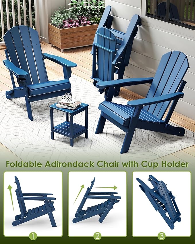 GREENVINES Folding-Adirondack-Chairs-Set-of-6 | HDPE Plastic | Fire Pit Chair | All Weather | Cup Holder | Blue | for Deck Backyard Patio Outdoor Garden