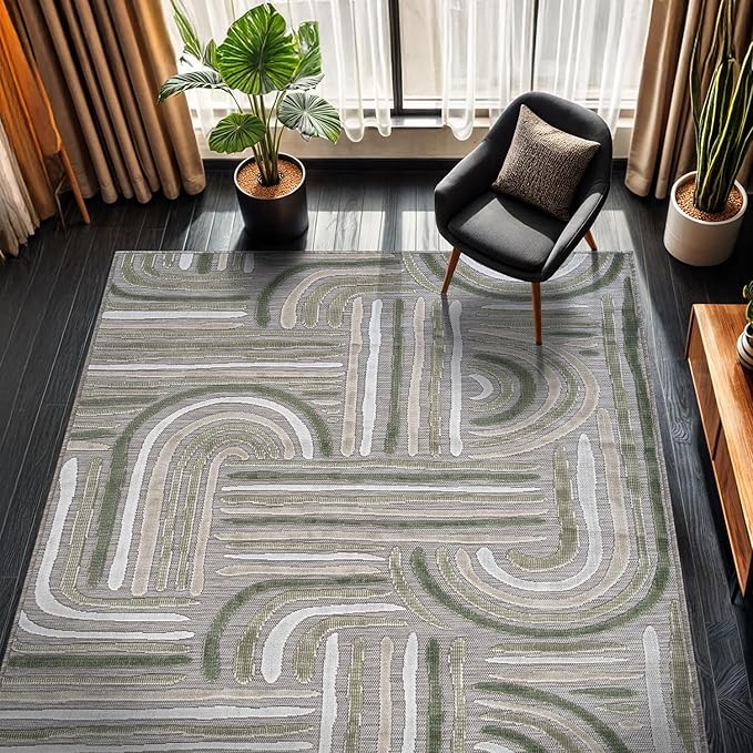 CAMILSON Indoor Outdoor Rug, Beige 6x9 Geometric Arch Striped Area Rugs for Patio and Home Areas, Easy-Cleaning Non-Shedding Living Room, Garden and Deck Washable Outside Carpet (6 x 9)