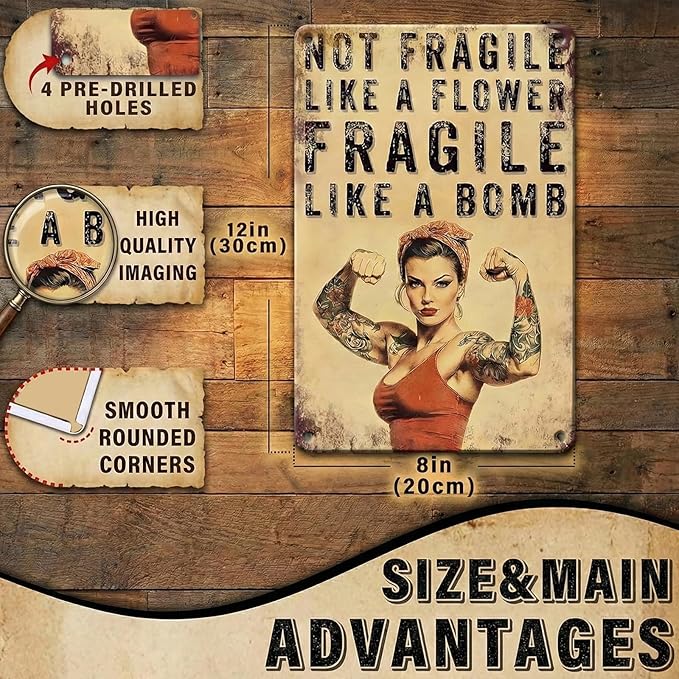 PEACHGARDEN Home Gym Decor Girl Gym Signs Not Fragile Like a Flower Fragile Like a Bomb Fitness Wall Decor Metal Tin Sign for Home Bar Pub 8x12 Inch