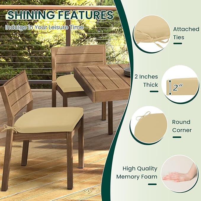 HARBOREST Outdoor Chair Cushions Set of 2, Water Resistant Patio Chair Cushions with Ties, Outdoor Seat Cushions for Patio Furniture, 17"x16"x2", Khaki