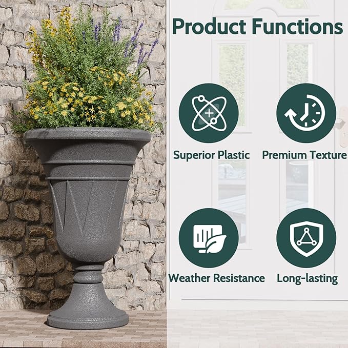 23.6" Tall Plastic Urn Planters for Outdoor Plants, Set of 2 Heavy-Duty Classic Indoor Large Flower Pots with Drainage Holes & Trophy Design, Outdoor Planters for Porch, Home Garden, Dark Grey