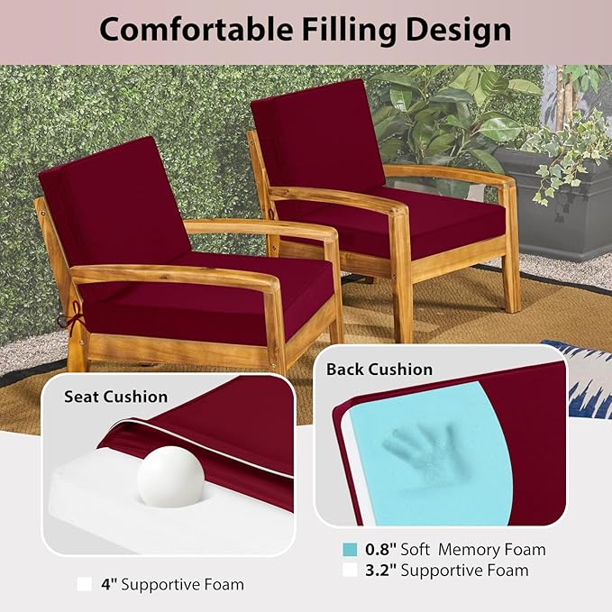 Waterproof Outdoor Chair Cushions 24x24, Memory Foam Outdoor Cushions for Patio Furniture with Removable Cover, Deep Seat Cushions for Outdoor Furniture with Ties and Handle, Burgundy
