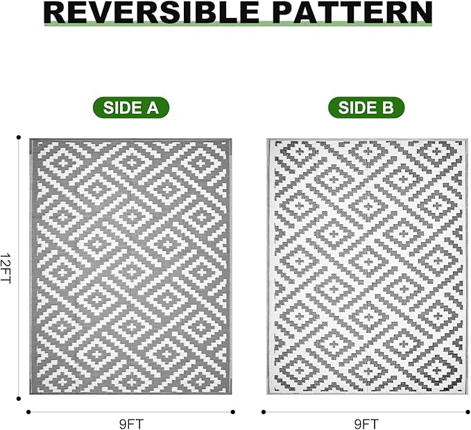 RURALITY Outdoor Rugs 9x12 Feet for Patios Clearance,Plastic Straw Waterproof Mats for Backyard,Porch,Deck,Balcony,Grey&White