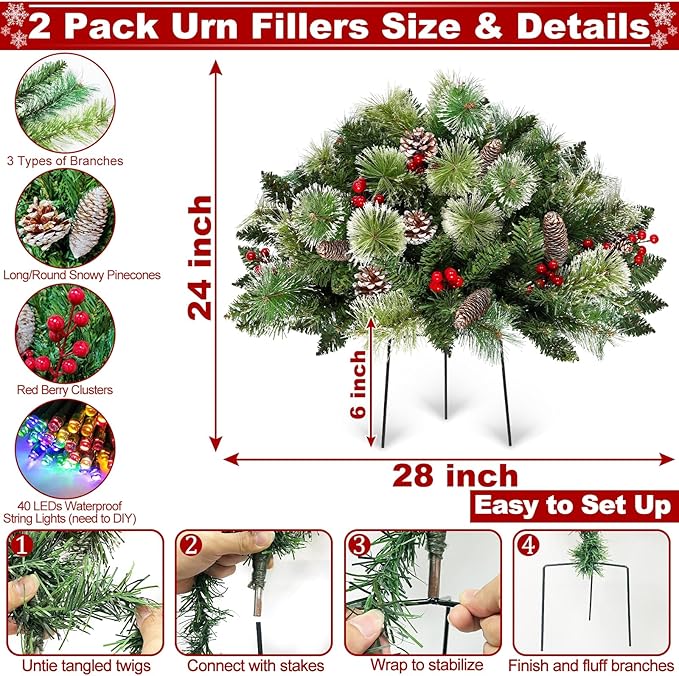 8 Modes&Timer -2 Pack 24" Lighted Christmas Tree Outdoor Urn Filler with Warm White & Multi-Color Change Lights Snowy Pinecone Berries Tripod Stake Xmas Trees Planter Filler Christmas Decor Yard Porch