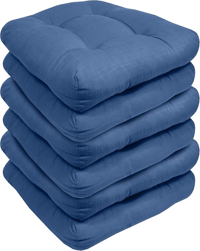 Sweet Home Collection Patio Cushions Outdoor Chair Pads Premium Comfortable Thick Fiber Fill Tufted 19" x 19" Seat Cover, Blue (Pack of 3, 6 Count Total)