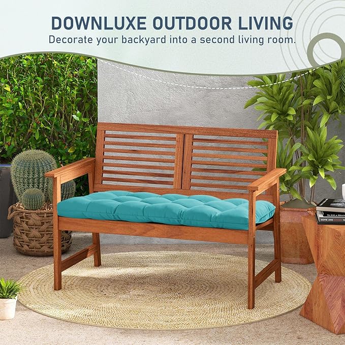 downluxe Outdoor Bench Cushion for Patio Furniture, Waterproof Tufted Overstuffed Porch Swing Cushions, Thick Outdoor Loveseat Cushions, 44" X 19" X 5", Teal, Set of 1