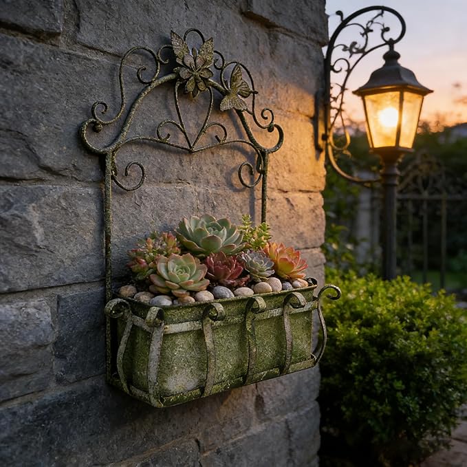 Vintage Rustic Wall Planter Distressed Decor Iron Hanging Plant Basket Shabby Metal Wall Mounted Flower Holder Pot Stand for Indoor Outdoor Home Balcony Patio Garden Decorative (Shabby Green)