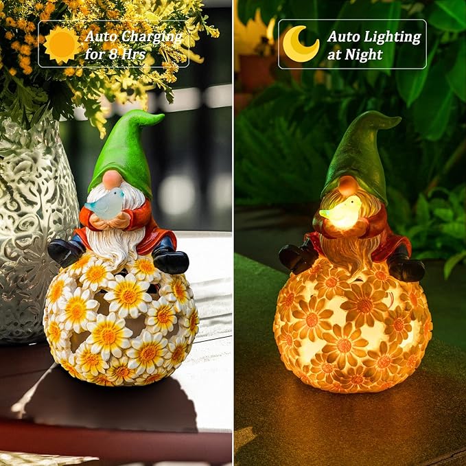 Solar Garden Gnome Statue Gnomes Statue with LED Lights Winter Ornaments Outdoor Yard Art Decorations for Home Patio Porch Lawn - Christmas Birthday Gifts for Mom Women