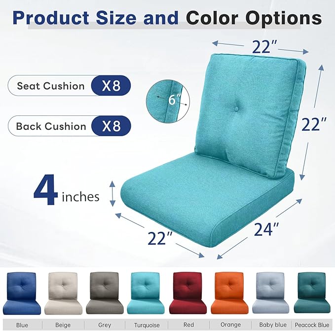 Belord Luxury 4" Thick Outdoor Cushion 8 Set - 22 x24 Inch 28D Sponge Filling Fade-Resistant Chair Cushion, Spill Proof Removable Patio Furniture Replacement Cushions for Sofa Bench Swing - Turquoise