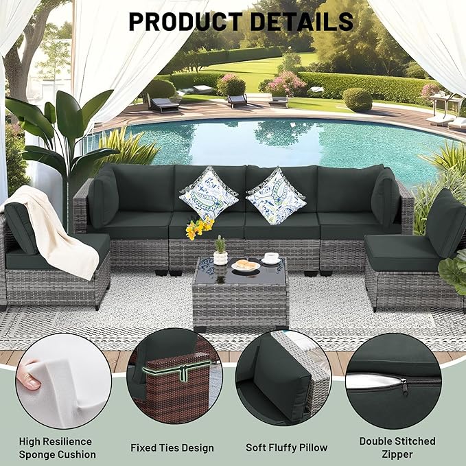 14 Piece Outdoor Sectional Cushions, Water-Resistant Outdoor Sofa Cushions Replacement, 4" High Density Foam Patio Furniture Cushions Fits 6-seat Rattan Conversation Set (Dark Gray)