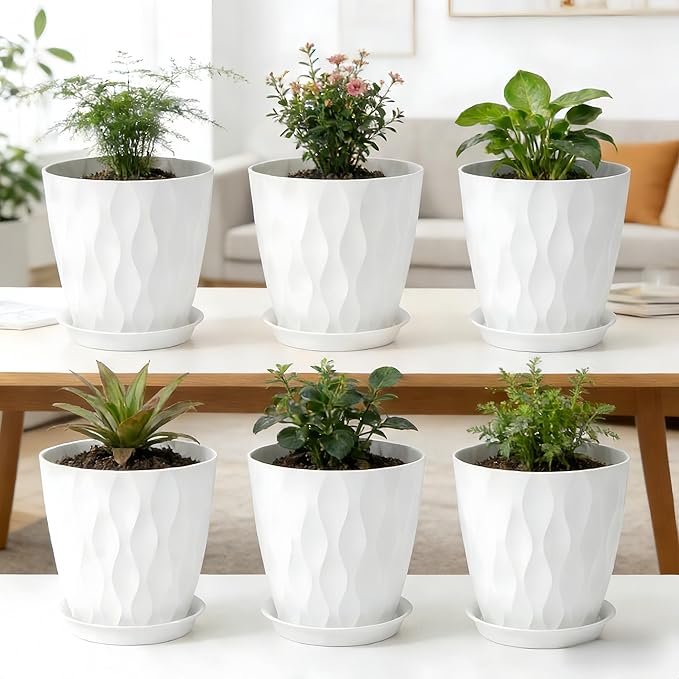 Plant Pots 8 Inch, 6 Pack Plastic Flower Pots for Indoor & Outdoor Plants, Planters with Drainage Holes and Saucer, Garden Pot for Plants (White)