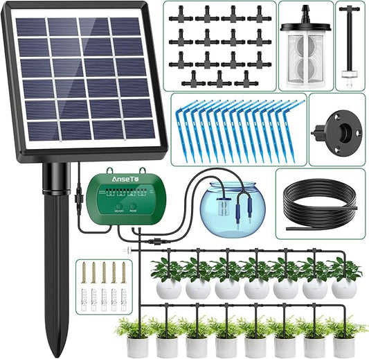 Solar Drip Irrigation System, Automatic Watering Kit for 15 Pots with 49ft Hose, Anti-Siphon Garden Irrigation System for Vacation, Balcony & Greenhouse, 12 Modes Self Watering System, Split