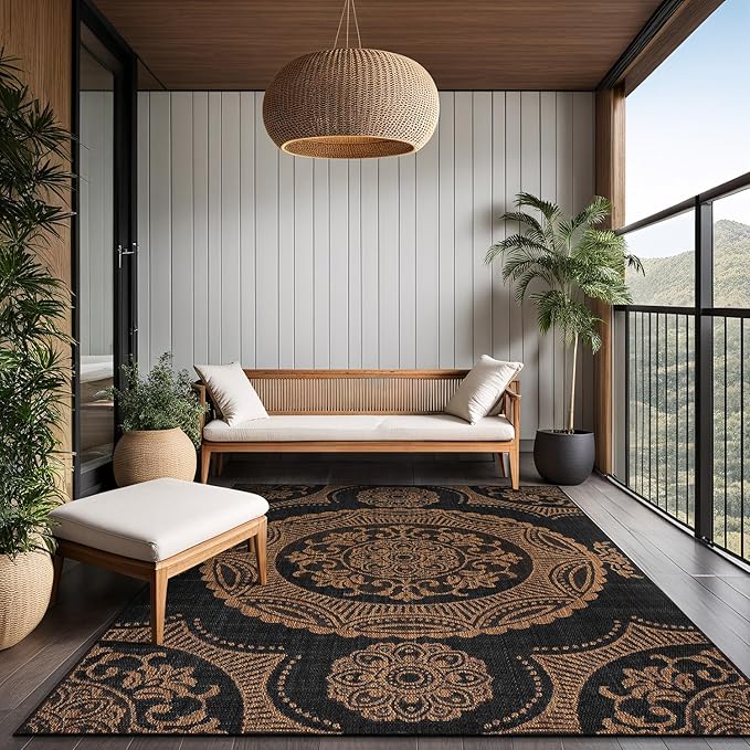 Medallion Outdoor Rug 6x9 Washable Outside Carpet for Indoor Patio Porch Waterproof Easy Cleaning Non Shedding Area Rugs Nut Brown 6 x 9