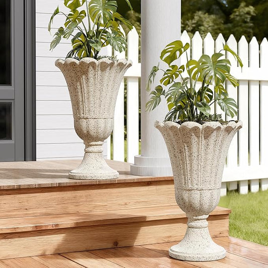 23.6" Tall Plastic Urn Planters for Outdoor Plants with Drainage Holes & Petal Design, Set of 2 Sturdy Base Classic Indoor Large Flower Pots, Outdoor Planters for Porch/Home, Yellow Beige