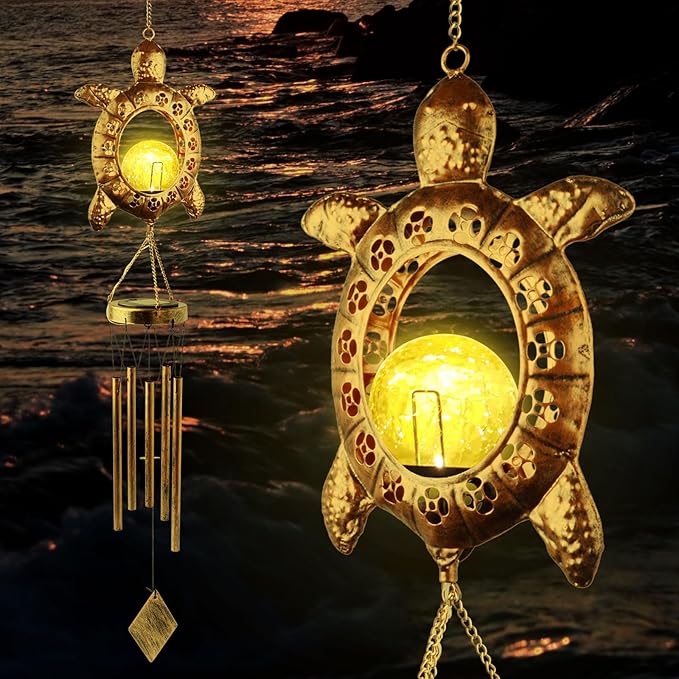 Solar Turtle Wind Chimes, Tortoise WindChimes, Light Windchime Outdoor, Moon Shape Light Outdoor,Garden Decor, Yard Decor, Gifts for Women, mom, Grandma