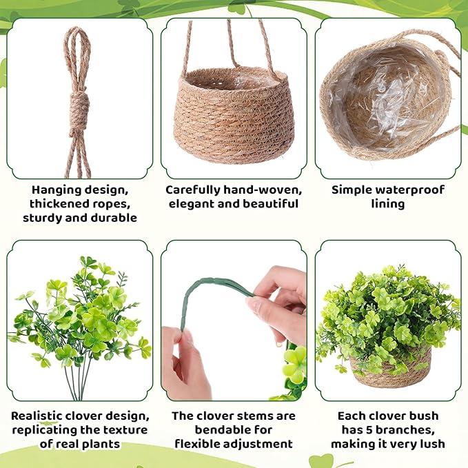 2 Set St. Patrick's Day Artificial Clover Plants with Woven Basket, Faux Shamrock Hanging Plants for Irish Theme Home Decor, St. Patrick's Displays