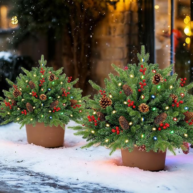 2 Pack 24 Inch Christmas Urn Filler, Dual Color Change & Timer Christmas Tree with Pinecones Red Berries Tripod Stake Battery Operated 8 Mode for Porch Outdoor Xmas Trees Christmas Decorations