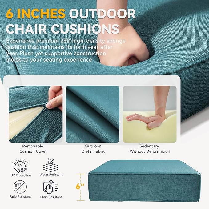 Outdoor Cushion Set for Furniture Patio Furniture, UV Resistant, Water Resistant - 6 Inch Thick Foam Garden Cushions – 22x24 Inch Patio Seat Covers for Chair/Sofa/Couch | Peacock Green | 8-Pack |