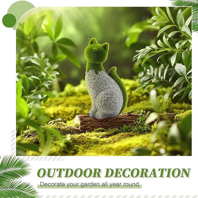 Cat Garden Statue with Flocked Animal Figurines Faux Green Covered Stones for Outdoor Decor, Perfect for Garden Statues and Figurines Outdoors