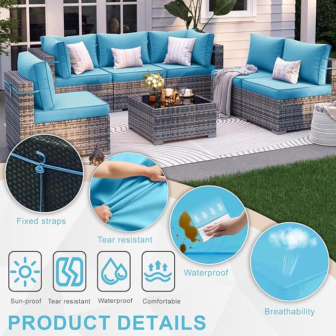 Patio Sectional Cushions, 14-Piece Replacement Cushions for Outdoor Furniture, Water-Resistant Outdoor Sofa Cushion for 6-Seat Rattan Wicker Sectional Conversation Sets (Sky Blue)
