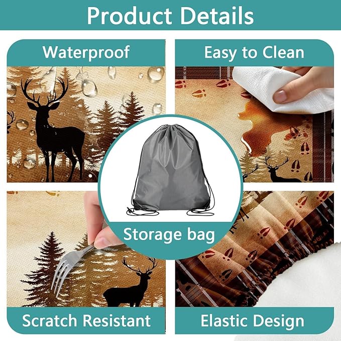 30X60 Inch Brown Deer Picnic Table Cover with Bench Cover and Drawstring Bag, Waterproof Washable Fitted Outdoor Tablecloth Rectangular Elastic Edged for Camping Outdoor Travel, 3 Pieces Set