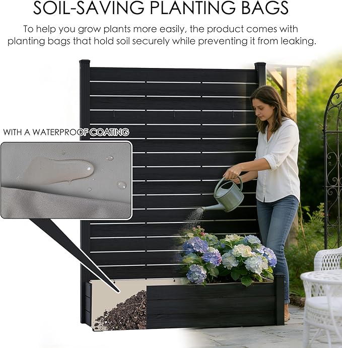 Kozyard Privacy Screen with Planter, 70" H x 51" W Outdoor Garden Screen, Waterproof Aluminum Frame with Thick Wood-Plastic Boards, Decorative Privacy Screen for Patio, Balcony & Backyard Gray