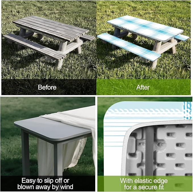 Picnic Table Cover with Bench Covers Set of 3 - Fresh Spring Check Light Blue Gingham Tablecloth, Elastic Fitted for 6 Ft Tables, Washable Polyester Cover for Patio, Indoor & Outdoor