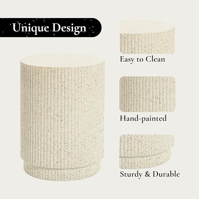 LuxenHome Cream Cement Round Outdoor Side Table, End Tables for Patio, Garden Small Accent Decorative Stool, Plant Stand Drum Table Indoor and Outdoor